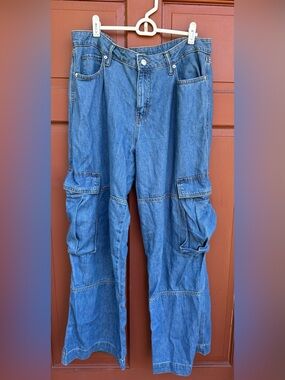 wild fable Blue Denim Wide Leg Cargo Jeans